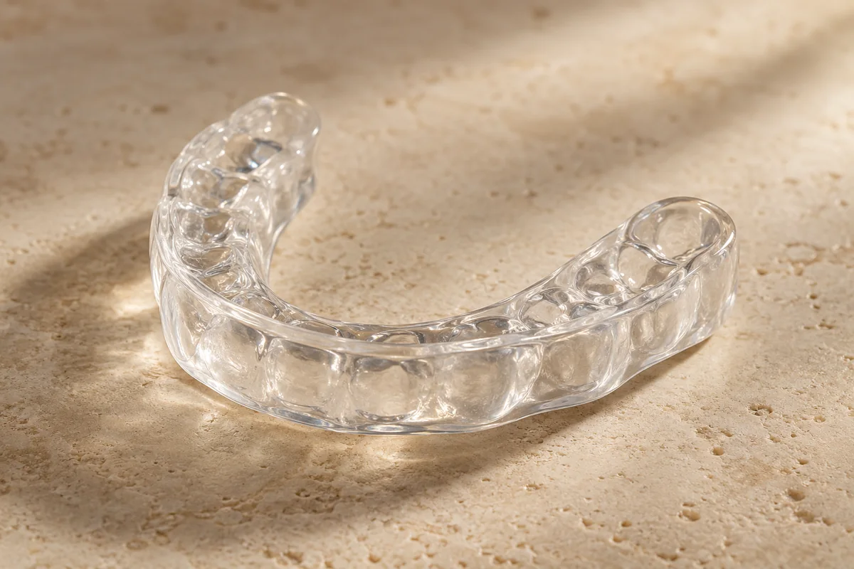 AI-generated illustration of a transparent occlusal splint on pale natural stone