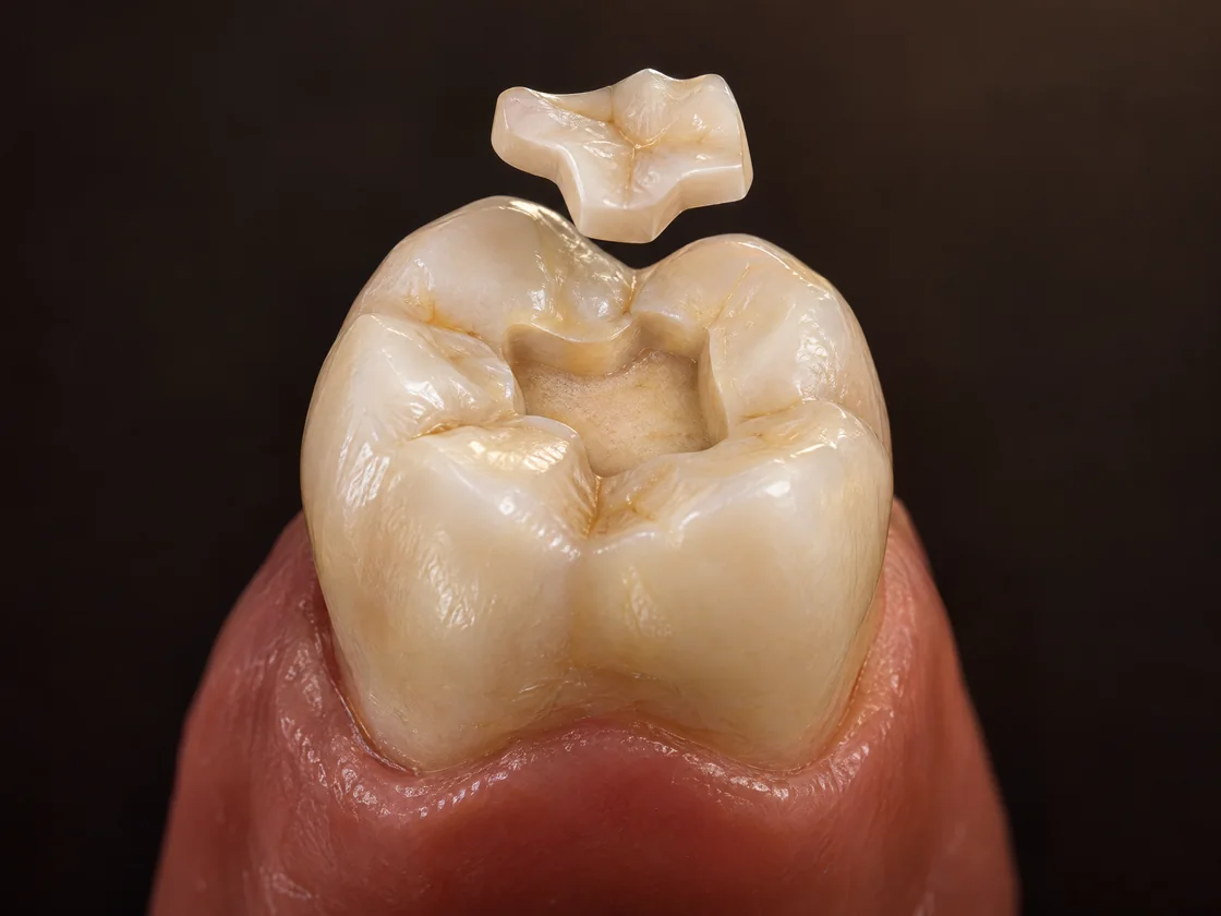 AI-generated teaching model of a molar with a central preparation between preserved cusps and a small, separately shown tooth-coloured inlay