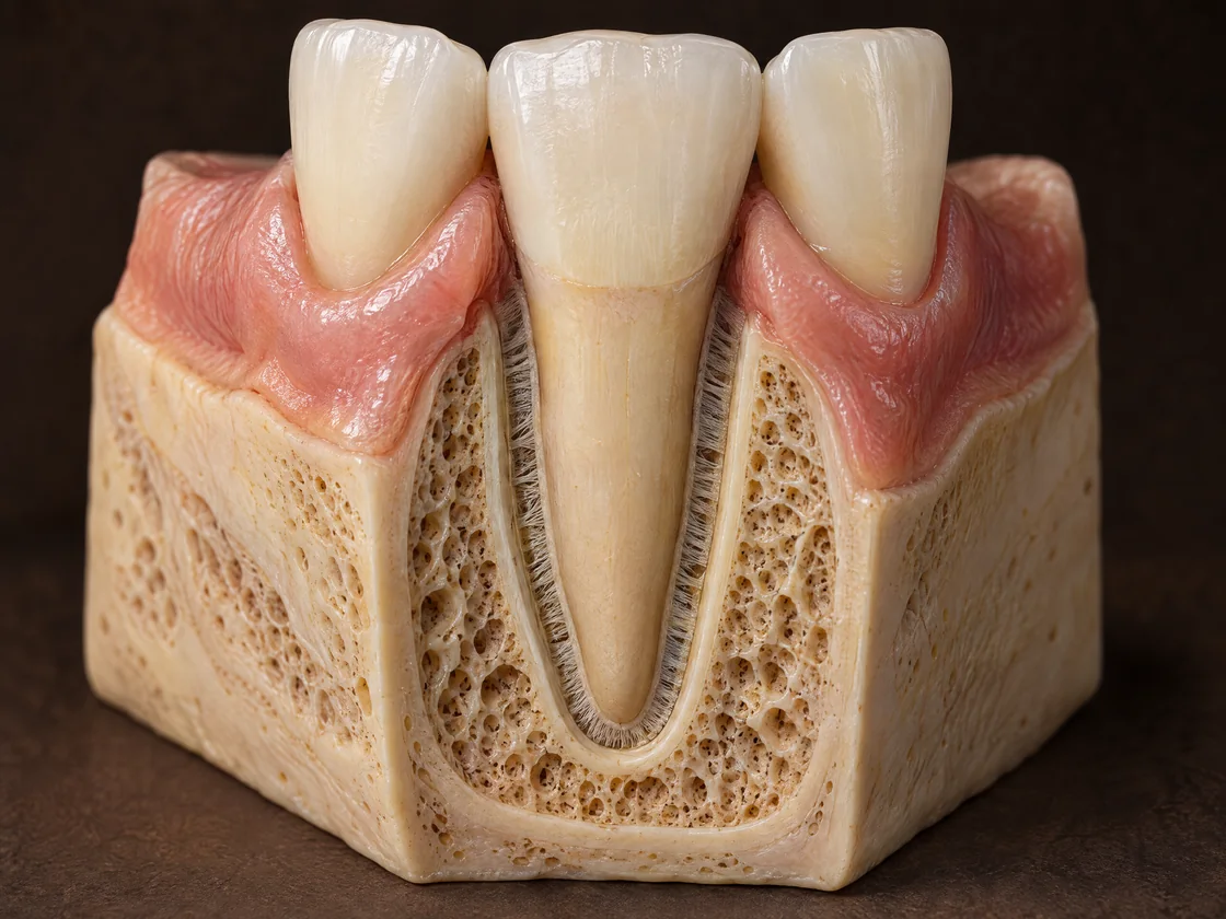 AI-generated teaching model with a central front tooth, gums, tooth root, enlarged periodontal ligament space and a cutaway bone surface.