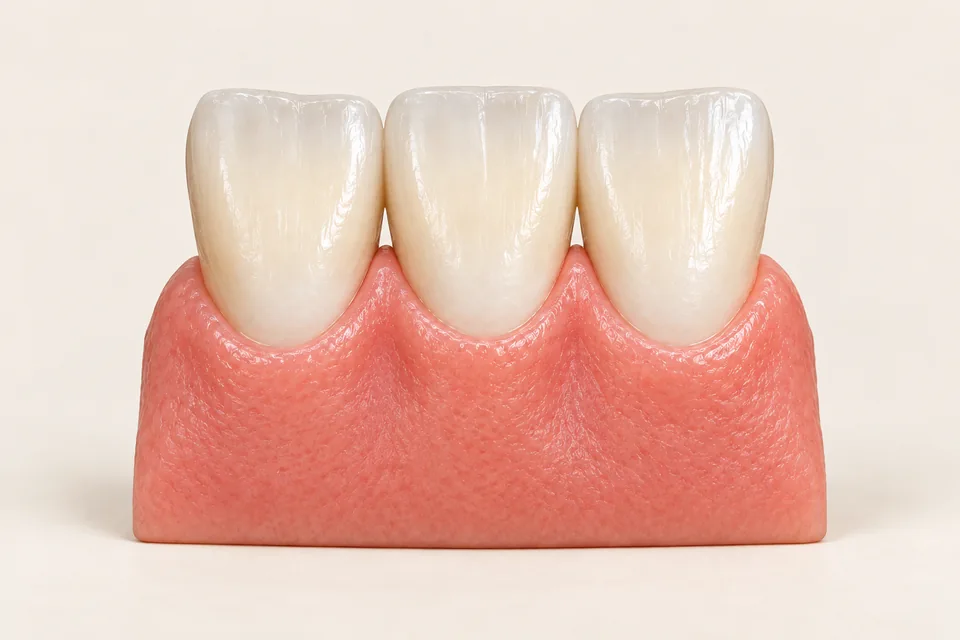 AI-generated teaching model: three front teeth with intact gums and visible spaces between them.