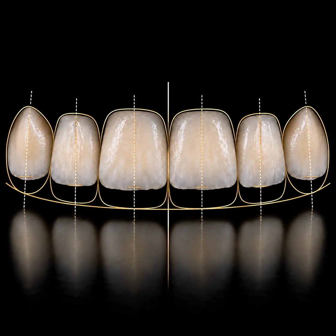 AI-generated example plan: shorter, worn teeth with gold outlines of a possible new tooth shape