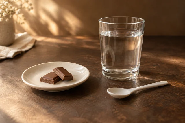 KI-generiertes Stillleben mit zwei Schokoladenstücken und einem Glas Wasser