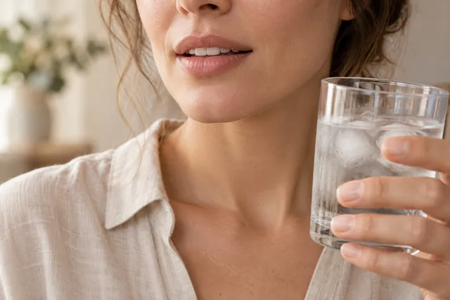 Illustrative Nahaufnahme einer fiktiven erwachsenen Frau mit einem Glas kühlem Wasser
