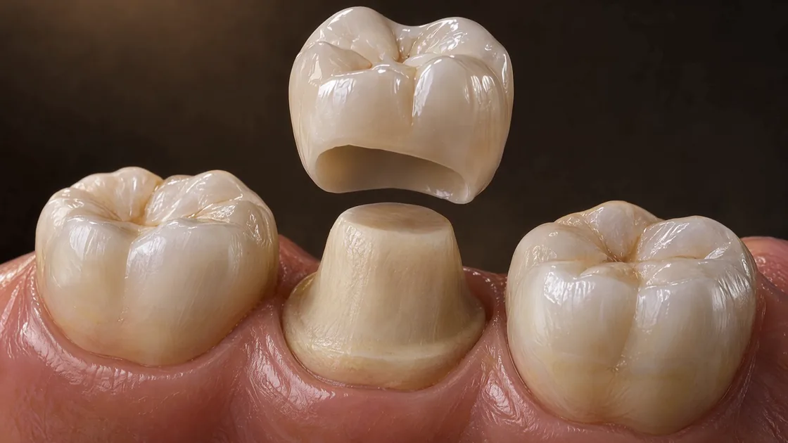 AI teaching model: a tooth-coloured single crown hovers above a prepared natural tooth between two neighbouring teeth before fitting