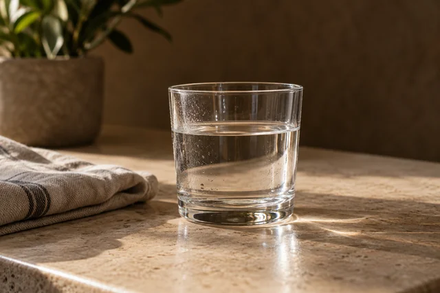 KI-Illustration eines Glases Wasser auf einer Steinfläche